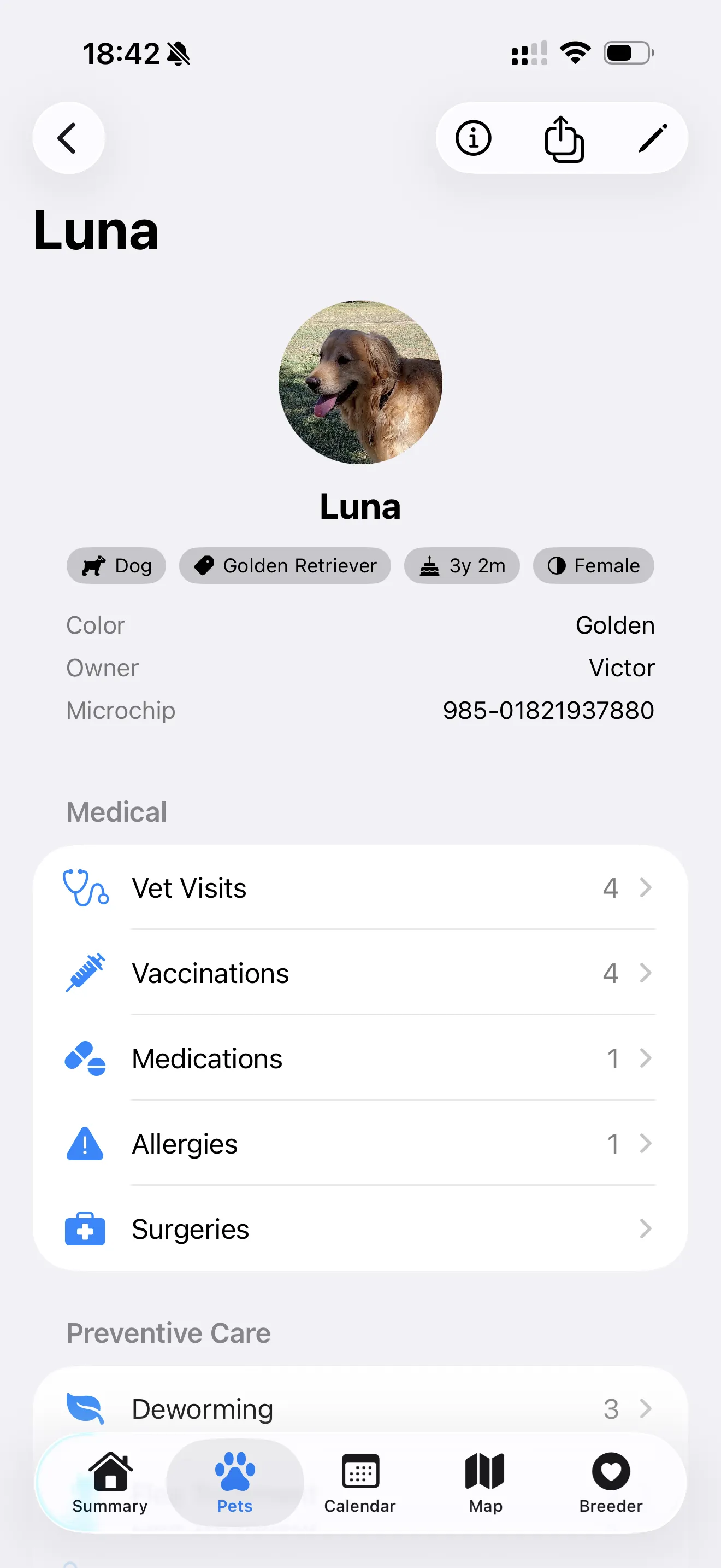 Tierdetails mit medizinischen Daten